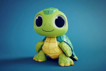 Fototapeta premium Proud baby turtle with vibrant green and orange shell standing on a rock in a lush green setting, rendered in 3d