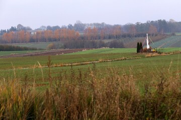 Fototapeta premium Rural Landscape with Distant Shrine and Autumn Foliage
