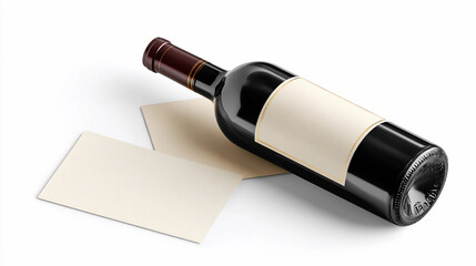 Blank wine bottle with labels and empty cards on a surface