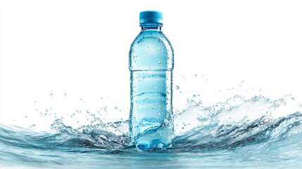 Clear water bottle splashing in refreshing blue water