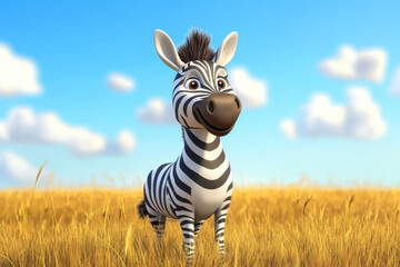Obraz premium Sunny day in the african savanna: cartoon zebra smiling amidst dry grass, trees, and blue skies with clouds