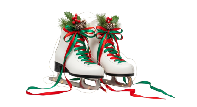 Pair of ice skates decorated with christmas ornament isolated on transparent background - Powered by Adobe