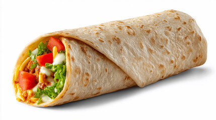 Freshly made tortilla wrap with chicken, lettuce, and tomatoes