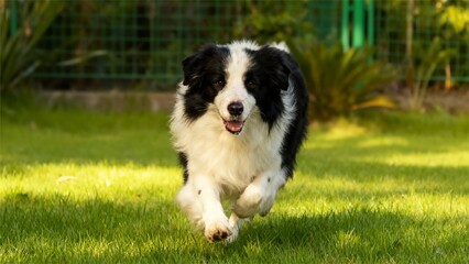border collie runs happily on the lawn, showing a full of vitality, conveying the joy of pet outdoor play, which is suitable for the display of cute pet life scenes and the creation