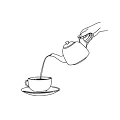 A single line drawing of a hand pouring tea from a teapot into a cup on a saucer with white background