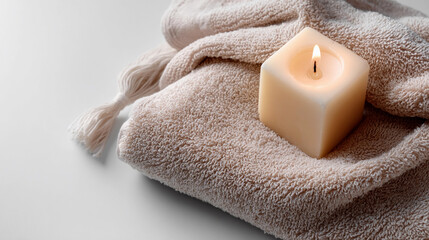 Relaxing ambiance created by a lit candle on a soft towel