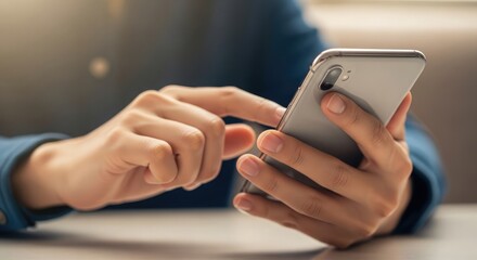 Close-up of hands using a smartphone, tapping the screen.
