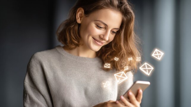A young woman with wavy hair looks at her smartphone with a smile, surrounded by soft lighting as digital envelope icons float around her, indicating incoming messages or notifications.