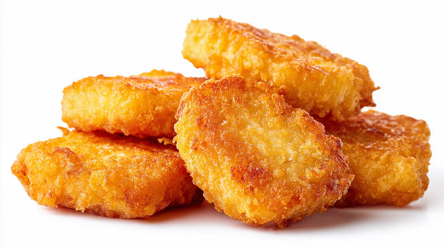 Crispy golden chicken nuggets piled on a white background