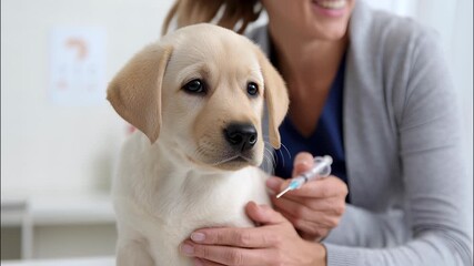 Veterinarian administering a vaccine injection an adorable puppy dog a veterinary clinic, ensuring health and pets wellness