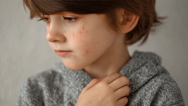 The child has sensitive, itchy skin. Rash on the body. Childhood allergies close-up.