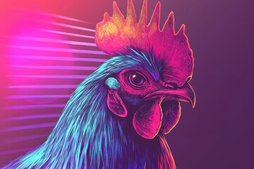 Vibrant rooster in a close-up portrait against a neon-lit background, evoking the spirit of 1980s aesthetics