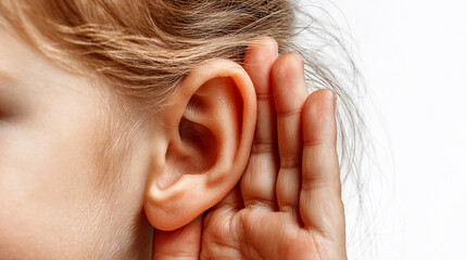 Child listening closely with hand cupped over ear indoors