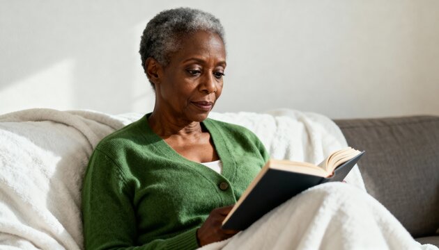 Elderly African American woman reading a book while relaxing on a couch at home. Senior person enjoying a novel under a cozy blanket during her leisure time