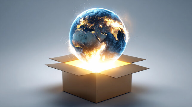 World emerging from a cardboard box with glowing details