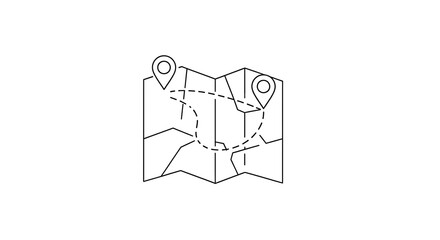 Hand drawn map with dotted route and location pins indicating travel destination and start point