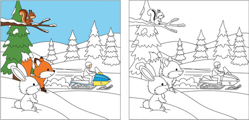 Coloring book page for kids: Winter landscape with cute animals like fox, rabbit, squirrel and a person riding a snowmobile. Vector illustration template with colored example and outline.