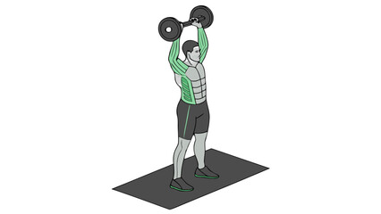 Triceps Extension (Triceps Focus): "A full-body 3D rendered illustration of a muscular, athletic male figure with realistic human skin texture and well-defined arms, performing an overhead