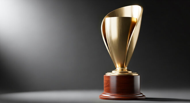 Trophy mockup standing on wood pedestal made of gold for design placement