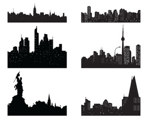 Set of city black silhouettes on a white background 