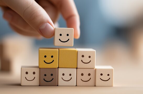 Hand placing wooden cubes with smiling face emoji on top of each other forming a pyramid for positive customer experience - Powered by Adobe