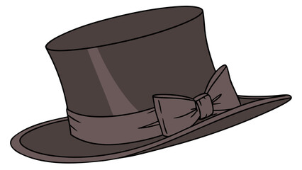 "A studio shot of a classic, elegant dark brown felt top hat. The hat features a tall, cylindrical crown and a narrow, slightly upturned brim. A matching dark brown grosgrain ribbon band with a flat b