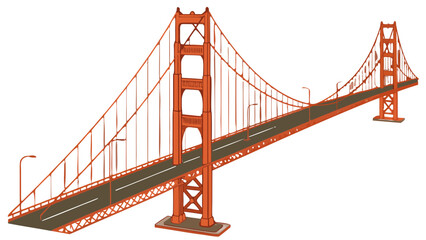 "A clean, high-angle 3D render of a stylized Golden Gate Bridge against a pure white background. The bridge is rendered in its iconic international orange-red color, with visible intricate steel truss