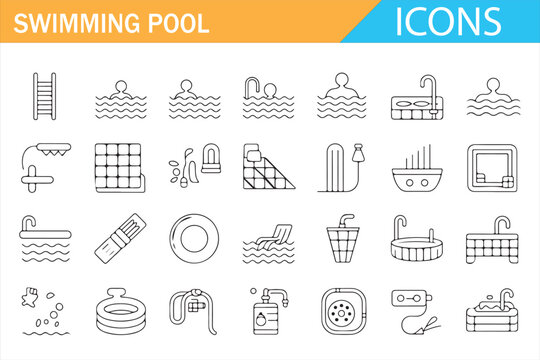 Swimming pool and aquatic facility outline icon set for recreation and spa