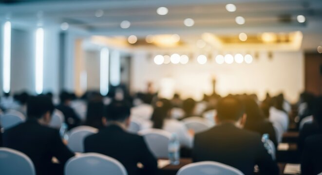 Blurred audience sitting in conference hall during business presentation