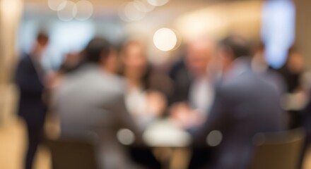Fototapeta premium Blurred business people in a meeting at a round table in a restaurant
