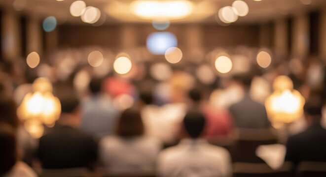 Blurred crowd of people sitting in a large hall during a conference event - Powered by Adobe