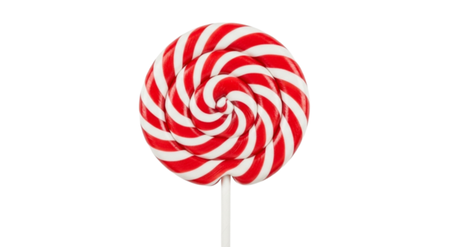 Red and white spiral lollipop isolated on transparent background for sweet treat