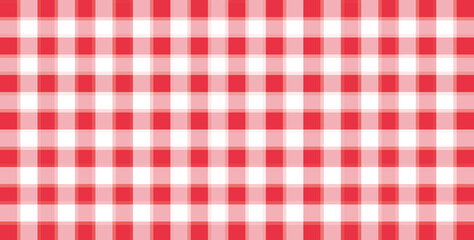 Seamless vector gingham pattern featuring red and white intersecting squares, simulating a traditional picnic blanket or rustic tablecloth texture.