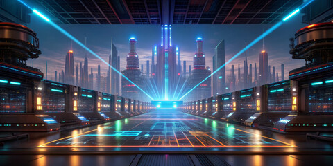 Futuristic city sci fi cyberpunk neon skyline laser hologram technology architecture night Futuristic city skyline glows neon light as lasers and holograms pulse across high tech corridor