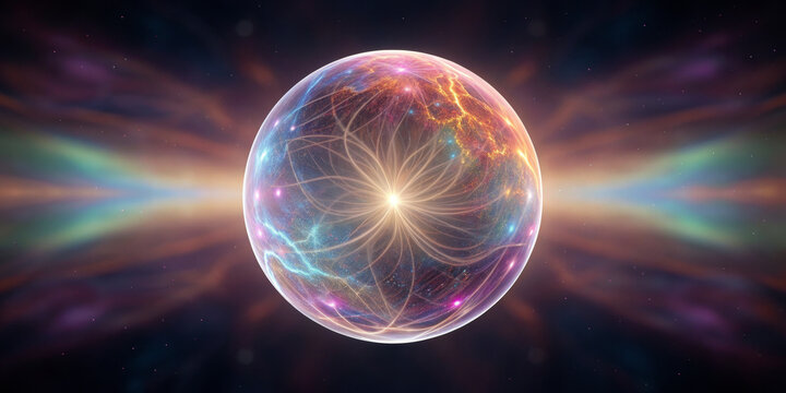 Glowing sphere energy orb cosmic light abstract aura radiant core plasma swirl nebula color quantum field celestial glow mystical power. Glowing sphere with energy orb and cosmic light emits