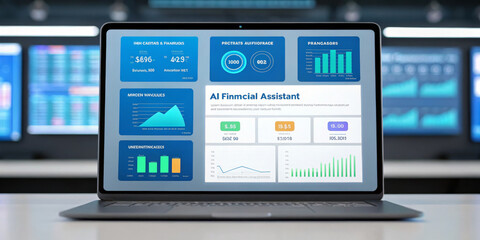 AI financial assistant dashboard analytics laptop screen charts graphs fintech data interface Calm workspace scene with AI financial assistant dashboard laptop screen, showing colorful charts