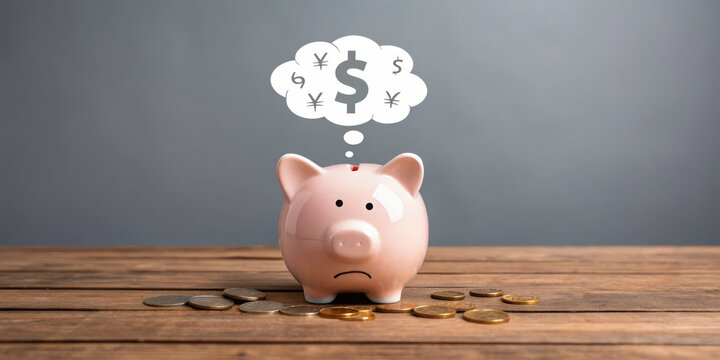 Sad piggy bank savings budget money finance currency debt cost coins wood table opens worried mood about cash loss and planning under pressure - Powered by Adobe