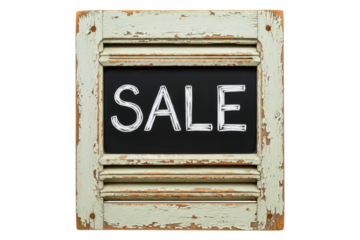 Sale sign written on a chalkboard in a vintage shutter frame isolated with transparent background