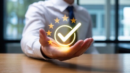 A person holding up an illuminated checkmark symbol representing quality assurance and validation. The image highlights concepts like certification, assessment, and customer satisfaction