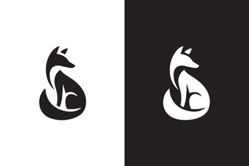 fox logo fox silhouette sitting tail curled mirrored vector emblem for branding