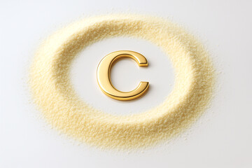 Close-up of vitamin C powder arranged in a circle with a gold “C” symbol in the center. Clean minimal medical aesthetic perfect for dietary supplement branding
