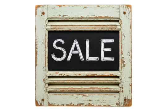 Sale sign written on a chalkboard in a vintage shutter frame isolated with transparent background