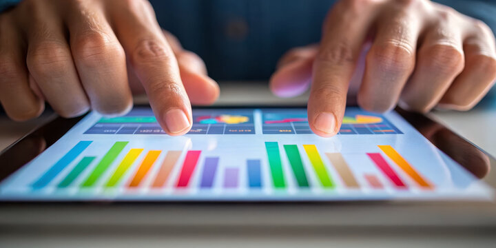 Touchscreen tablet data analytics graph chart dashboard business finance hand - Powered by Adobe