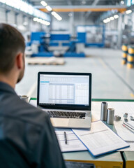 Engineer with laptop analyzing real time import data factory floor metal parts industrial workflow production report quality control precision technology focus workplace