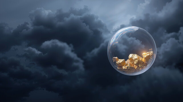 Abstract of molten gold nuggets violently pushing against expanding soap bubble against hellish orange sky, volatile financial crisis and market collapse concept