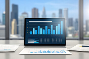 Business analytics dashboard data chart bar graph growth report finance office laptop city daylight with calm focus on performance trends and metrics on screen in modern workplace setting