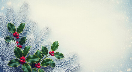 Composition of green holly leaves with red berries and snowy fir branch on a light blue background, representing Christmas or winter holiday season