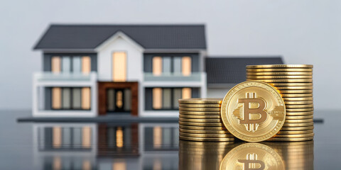 Modern house real estate investment finance cryptocurrency bitcoin gold coin property housing wealth glow