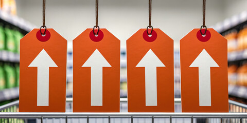 Orange price tag upward arrow retail aisle cost increase inflation supermarket shelf consumer economy shopping cart market trend price change sale label rising cost budget pressure economic