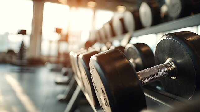 A row of black dumbbells sits on a rack in a blurred gym